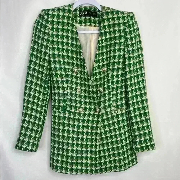 Blogger Favorite Green Zara Woven Textured Double Breasted Tweed Blazer Size S - Picture 5 of 13